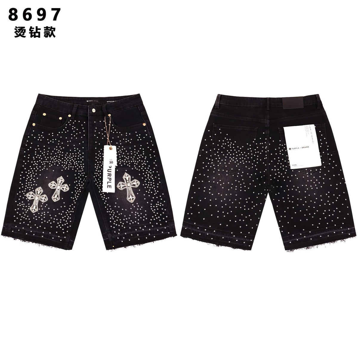 PURPLE Rhinestone Bow Cross Denim Shorts ¡ª front