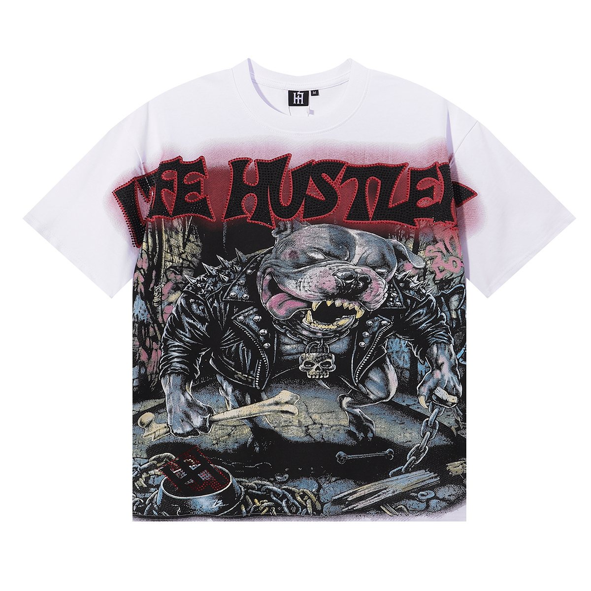 Life Hustlere Angry Pitbull Rhinestone Graphic T-Shirt ¡ª front