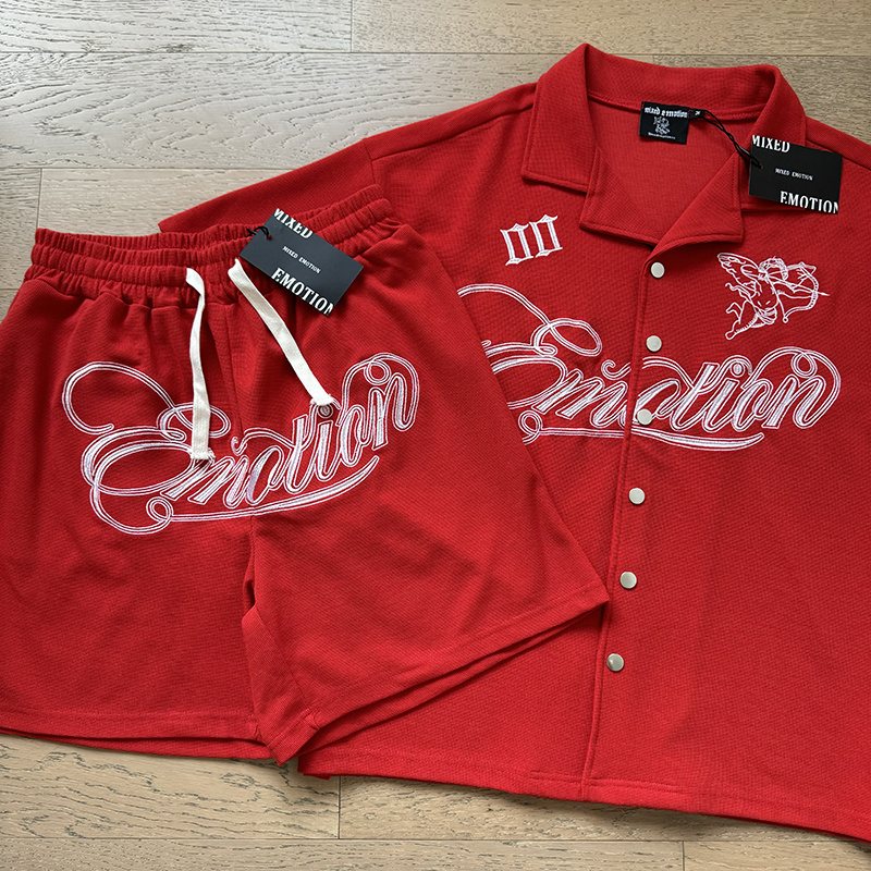 MIXED EMOTION Waffle-Knit Embroidered Shirt & Shorts Set ¡ª front