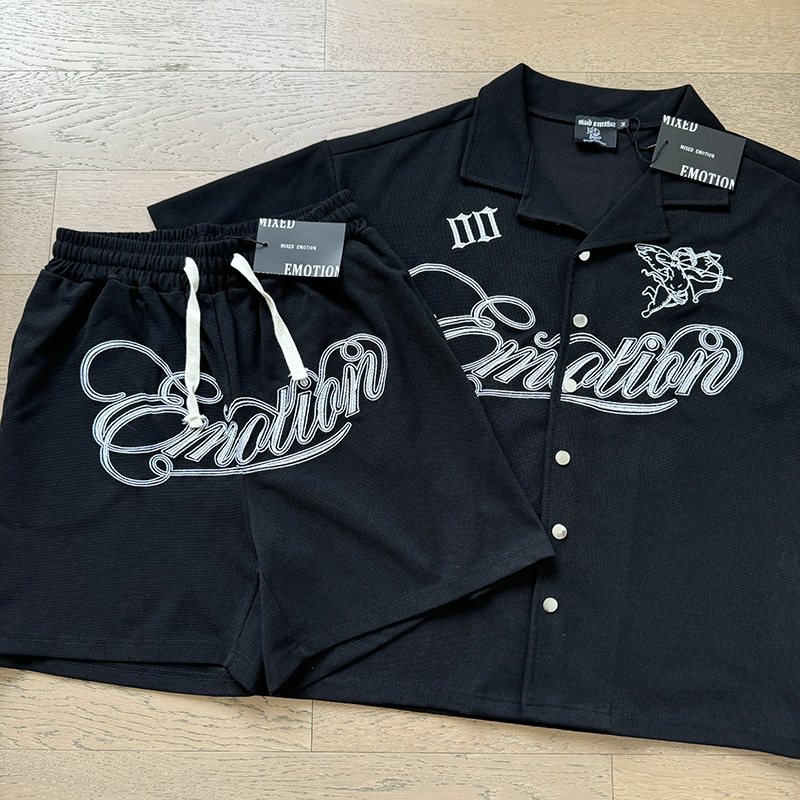 MIXED EMOTION Waffle-Knit Embroidered Shirt & Shorts Set ¡ª hero