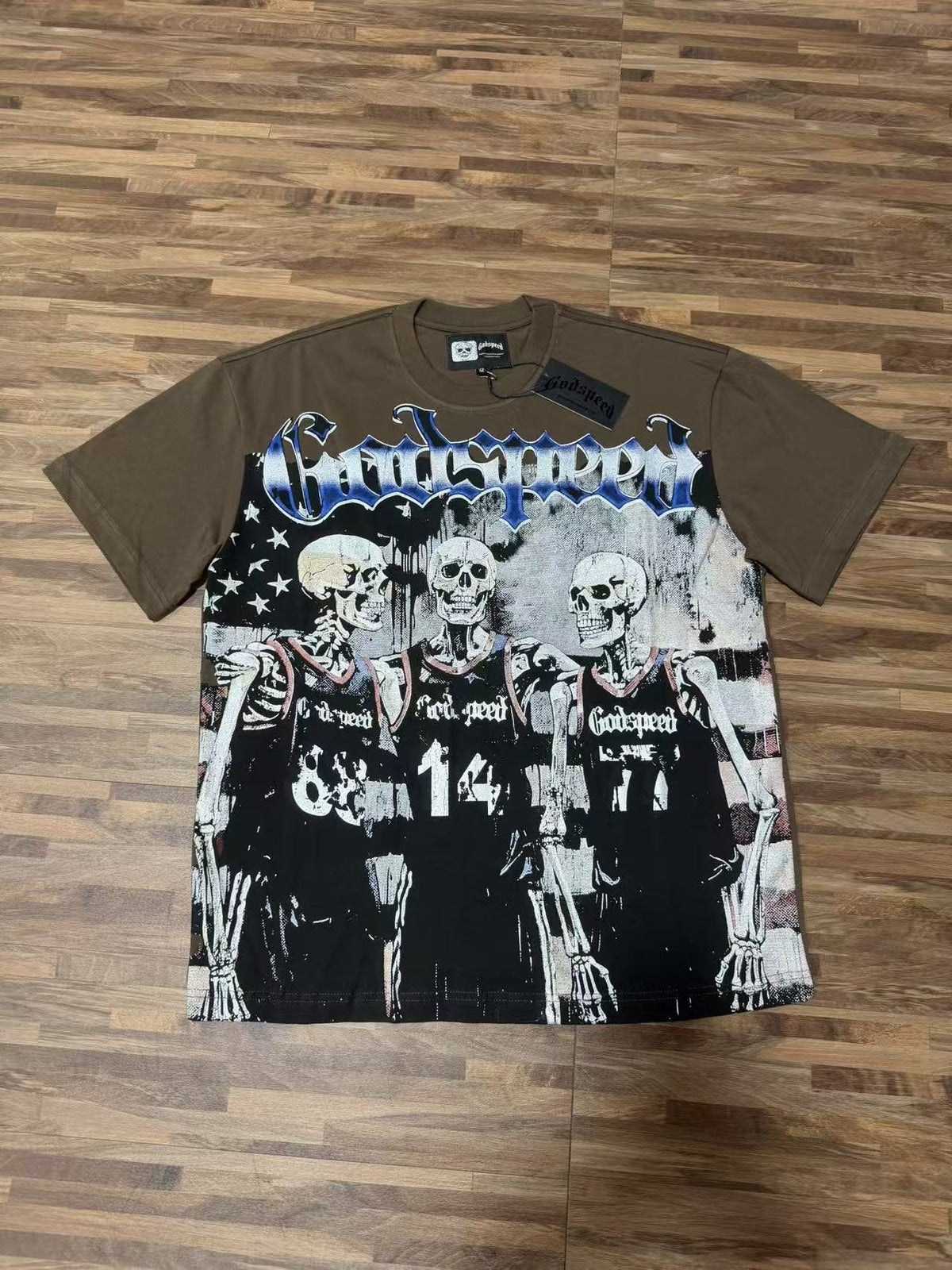 Godspeed Skeleton Basketball Number 14 T-Shirt ¡ª front